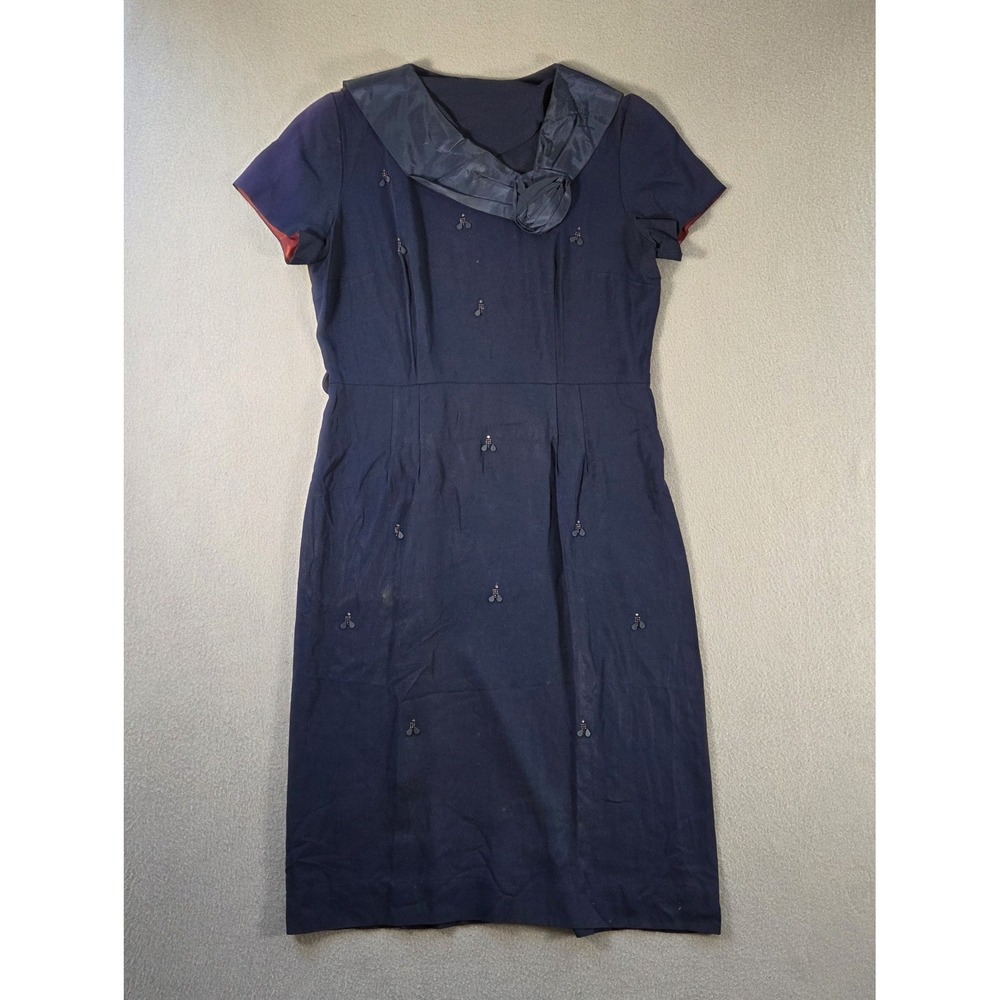 Vintage Cocktail Dress Womens Medium Navy Silk Beaded Midi A Line 50s 60s